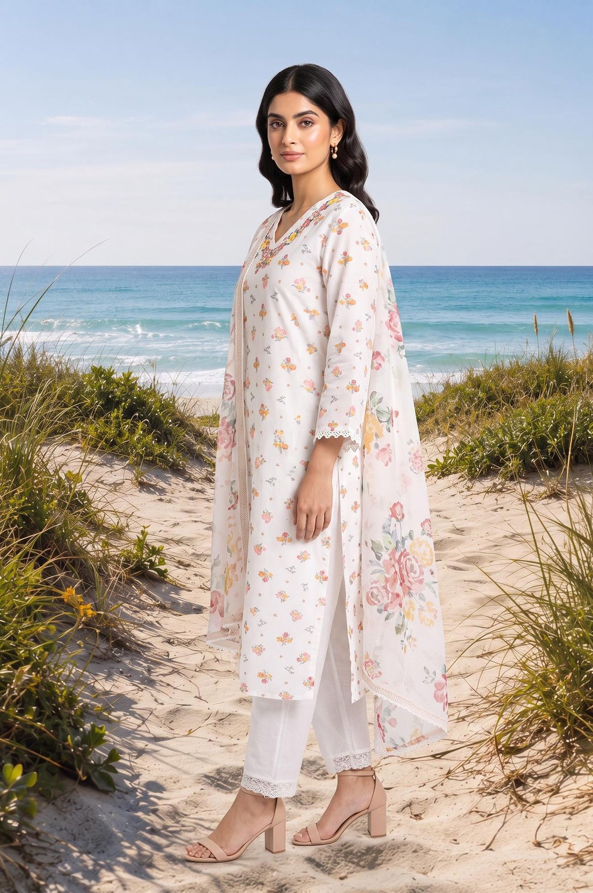 White Floral Printed Thread Embroidered Chanderi Straight Kurta with Pants and Dupatta Set