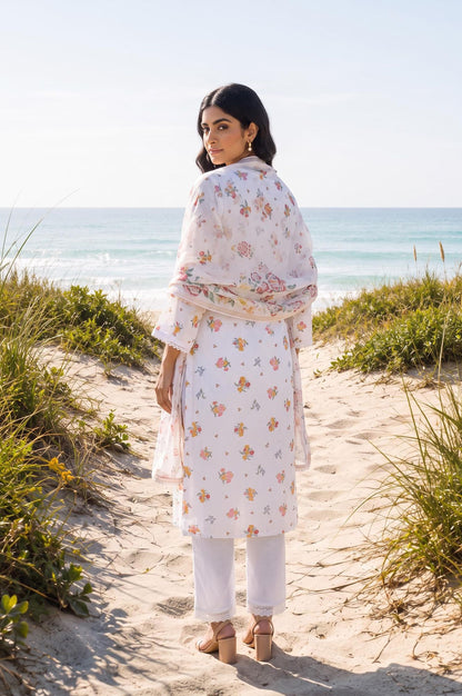 White Floral Printed Thread Embroidered Chanderi Straight Kurta with Pants and Dupatta Set