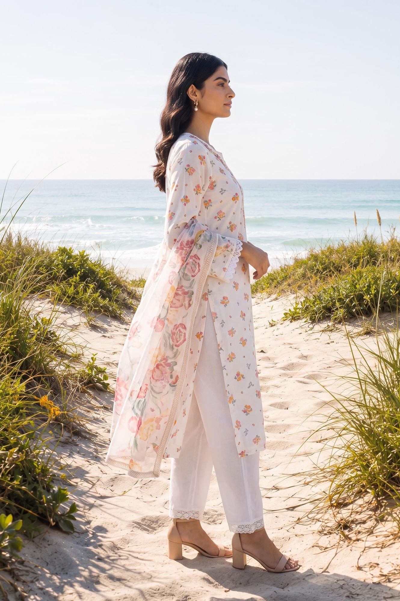 White Floral Printed Thread Embroidered Chanderi Straight Kurta with Pants and Dupatta Set