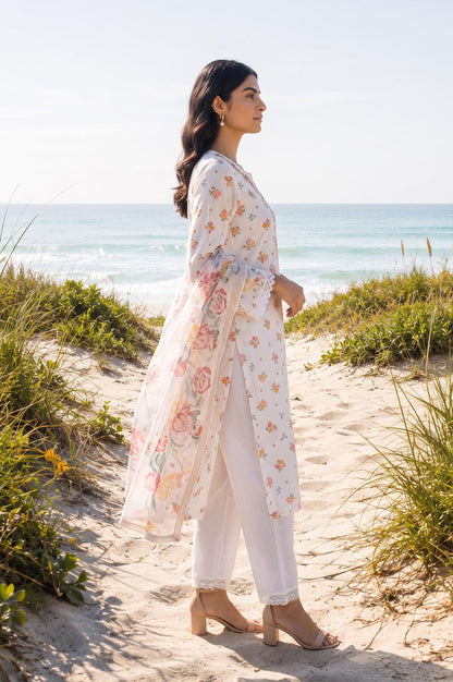 White Floral Printed Thread Embroidered Chanderi Straight Kurta with Pants and Dupatta Set