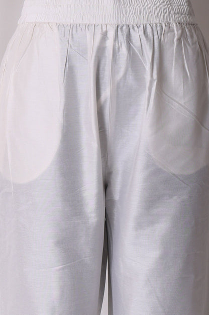 White Floral Printed Thread Embroidered Chanderi Straight Kurta with Pants and Dupatta Set