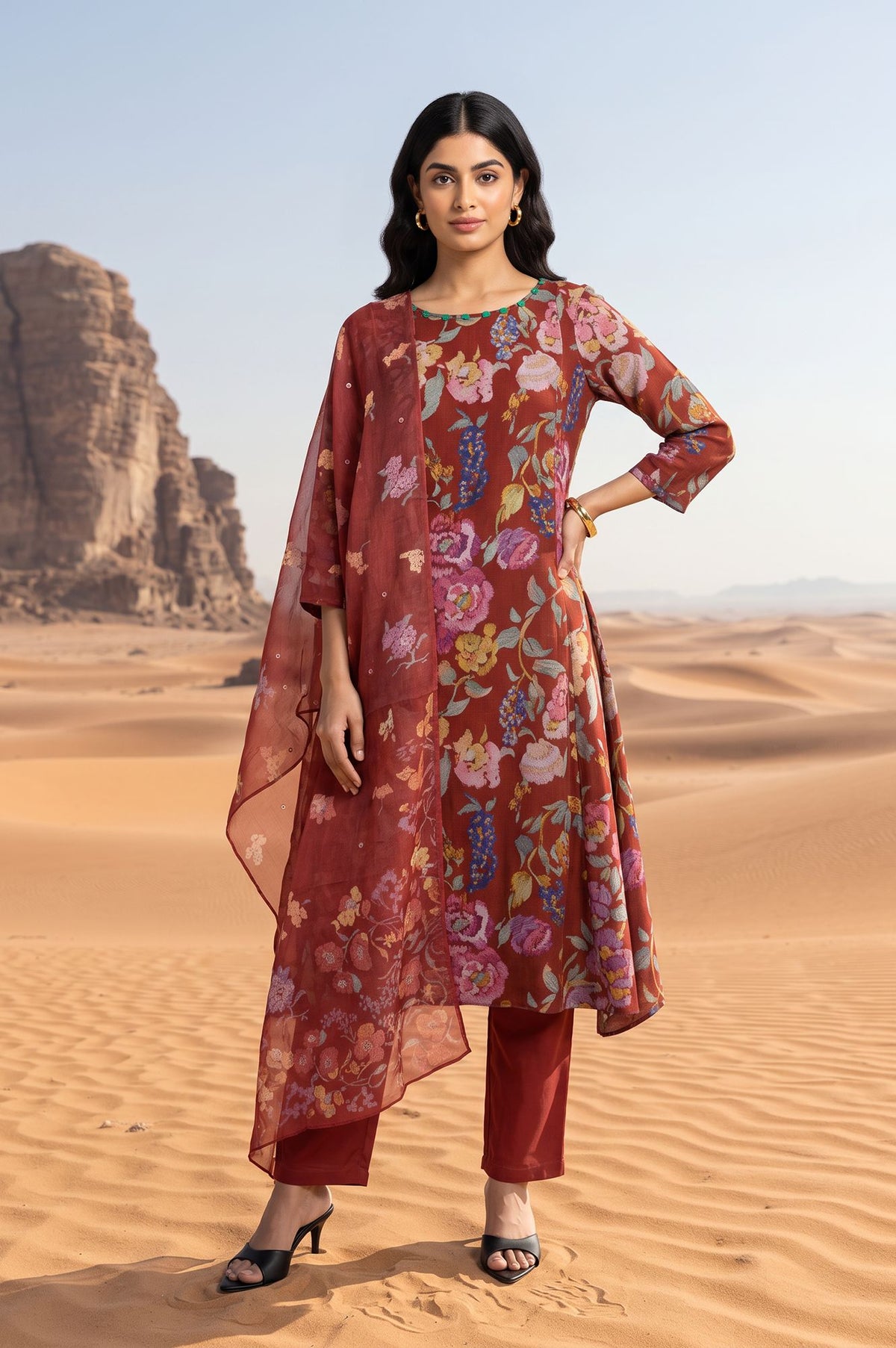 Maroon Floral Printed Crepe Straight Kurta with Pants and Dupatta Set