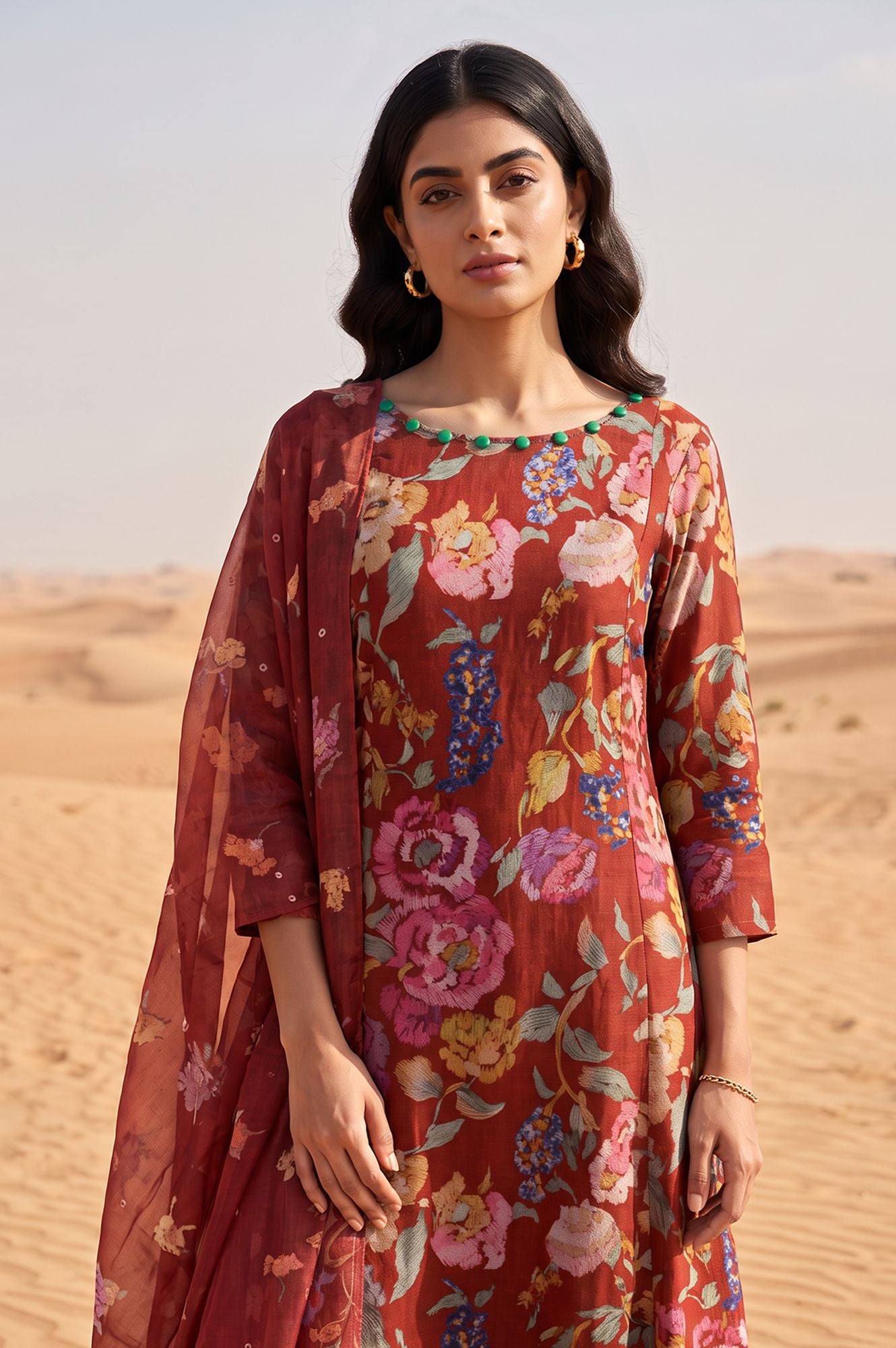 Maroon Floral Printed Crepe Straight Kurta with Pants and Dupatta Set
