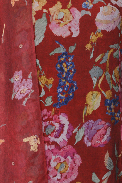 Maroon Floral Printed Crepe Straight Kurta with Pants and Dupatta Set
