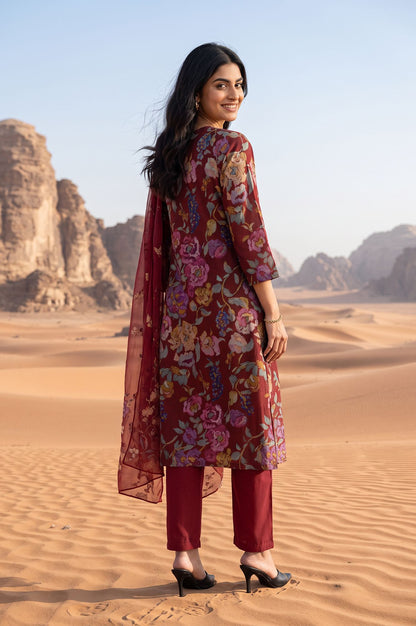 Maroon Floral Printed Crepe Straight Kurta with Pants and Dupatta Set