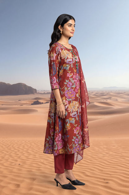 Maroon Floral Printed Crepe Straight Kurta with Pants and Dupatta Set