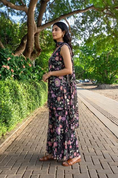 Black Floral Printed Beadwork Georgette Sleeveless Straight Kurta with Pants and Dupatta Set