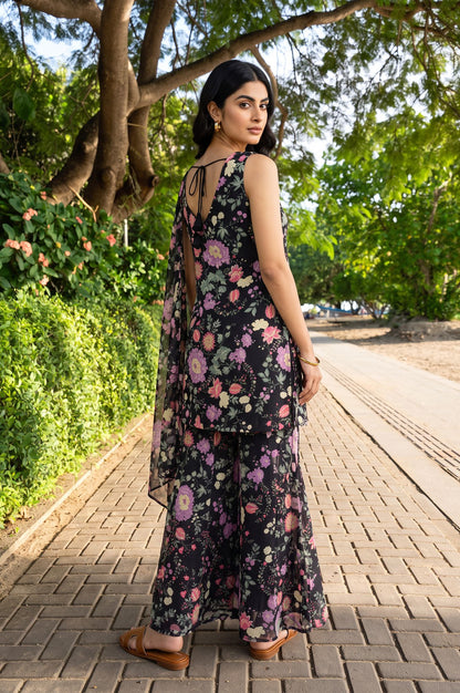 Black Floral Printed Beadwork Georgette Sleeveless Straight Kurta with Pants and Dupatta Set