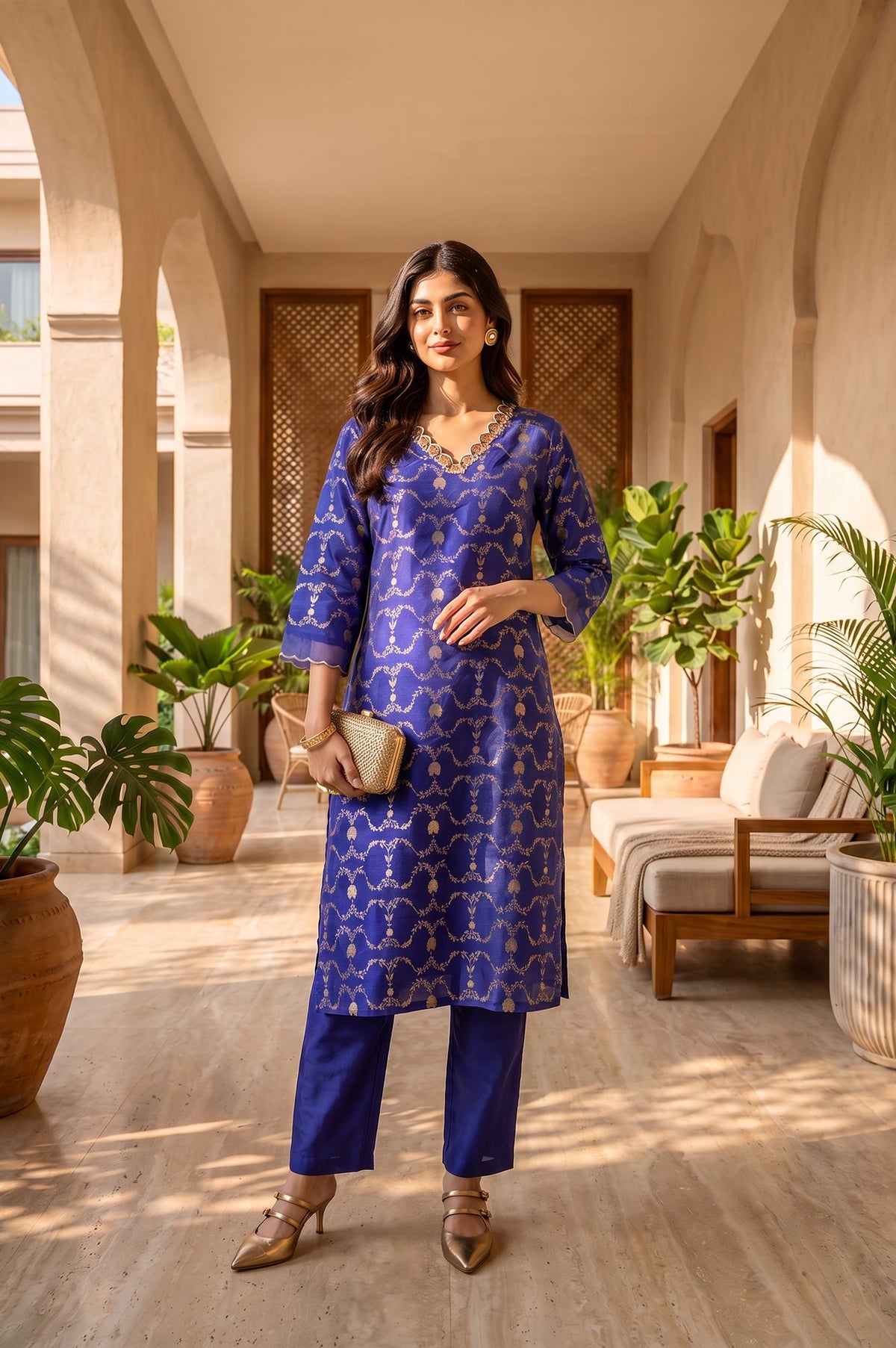 Blue Floral Printed Sequins Yarn Dyed Jacquard Straight Kurta with Straight Pants Set