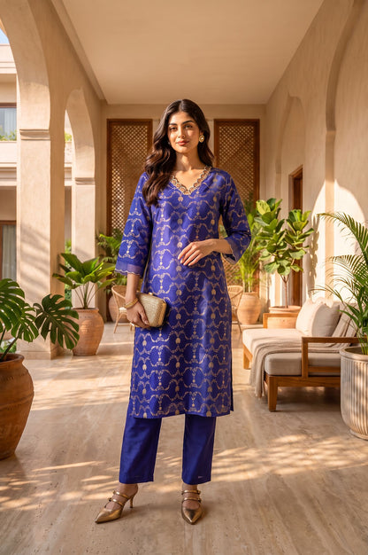 Blue Floral Printed Sequins Yarn Dyed Jacquard Straight Kurta with Straight Pants Set