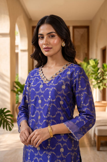 Blue Floral Printed Sequins Yarn Dyed Jacquard Straight Kurta with Straight Pants Set