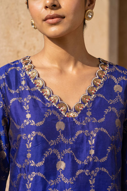 Blue Floral Printed Sequins Yarn Dyed Jacquard Straight Kurta with Straight Pants Set