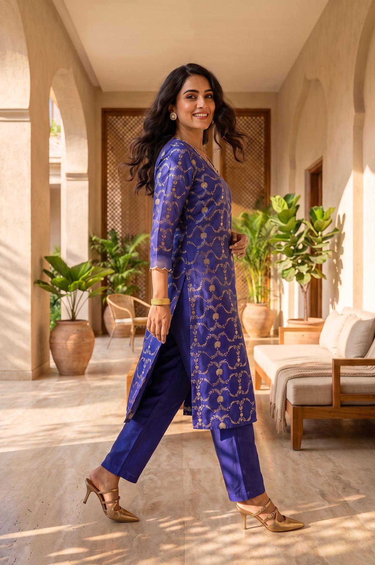 Blue Floral Printed Sequins Yarn Dyed Jacquard Straight Kurta with Straight Pants Set