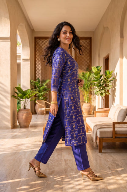 Blue Floral Printed Sequins Yarn Dyed Jacquard Straight Kurta with Straight Pants Set