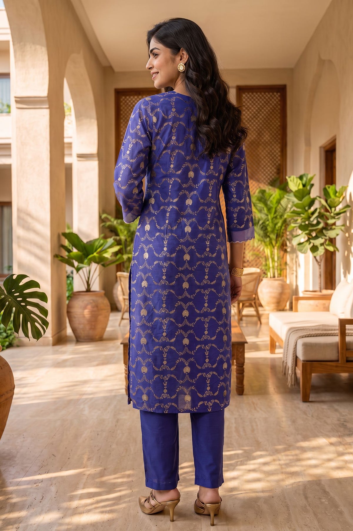 Blue Floral Printed Sequins Yarn Dyed Jacquard Straight Kurta with Straight Pants Set