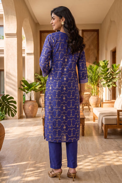 Blue Floral Printed Sequins Yarn Dyed Jacquard Straight Kurta with Straight Pants Set