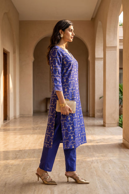 Blue Floral Printed Sequins Yarn Dyed Jacquard Straight Kurta with Straight Pants Set