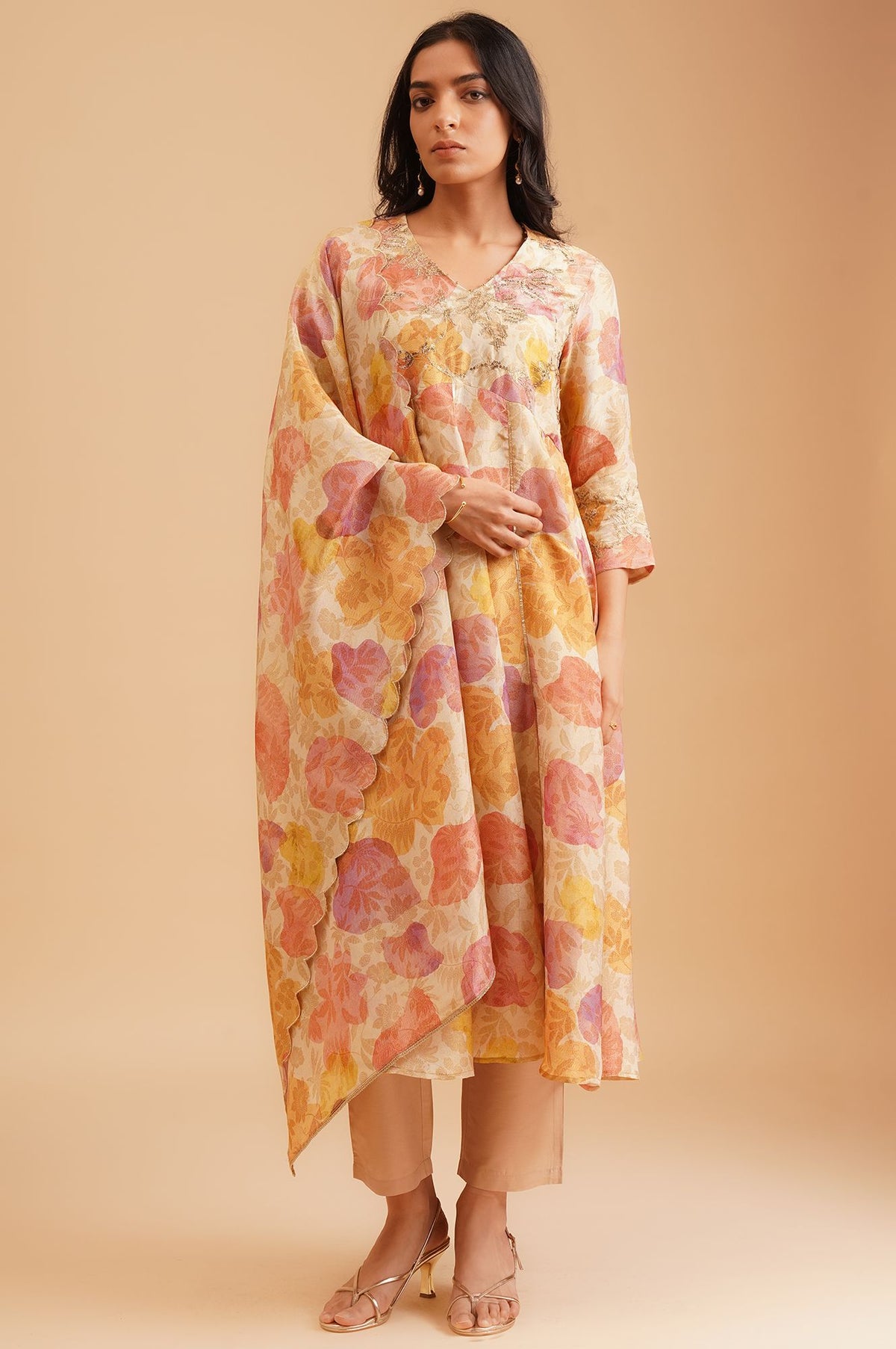 Beige Floral Printed Sequins Tissue Crepe Flared Anarkali with Straight Pants and Dupatta Set