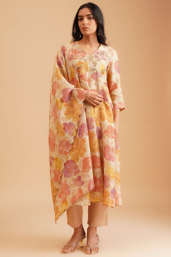 Beige Floral Printed Sequins Tissue Crepe Flared Anarkali with Straight Pants and Dupatta Set