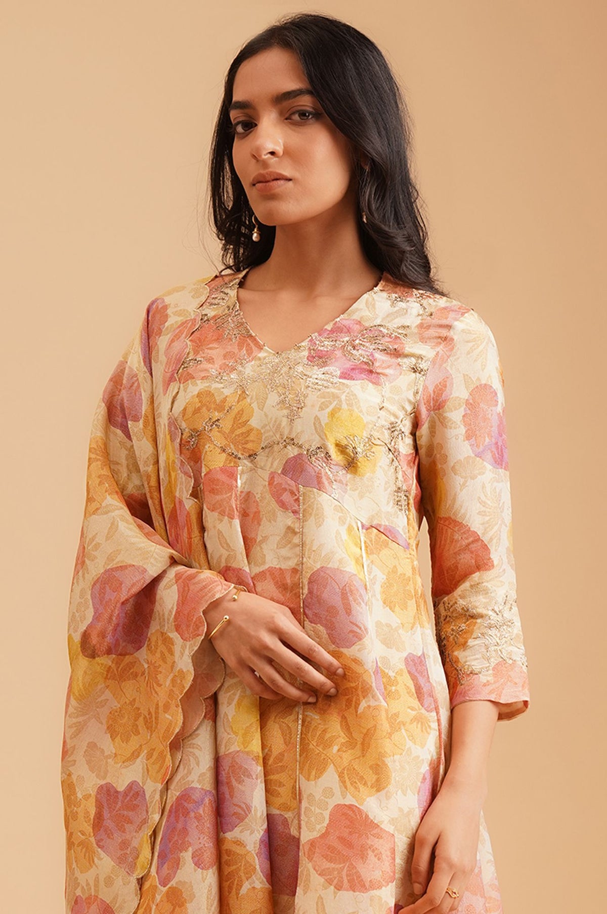 Beige Floral Printed Sequins Tissue Crepe Flared Anarkali with Straight Pants and Dupatta Set