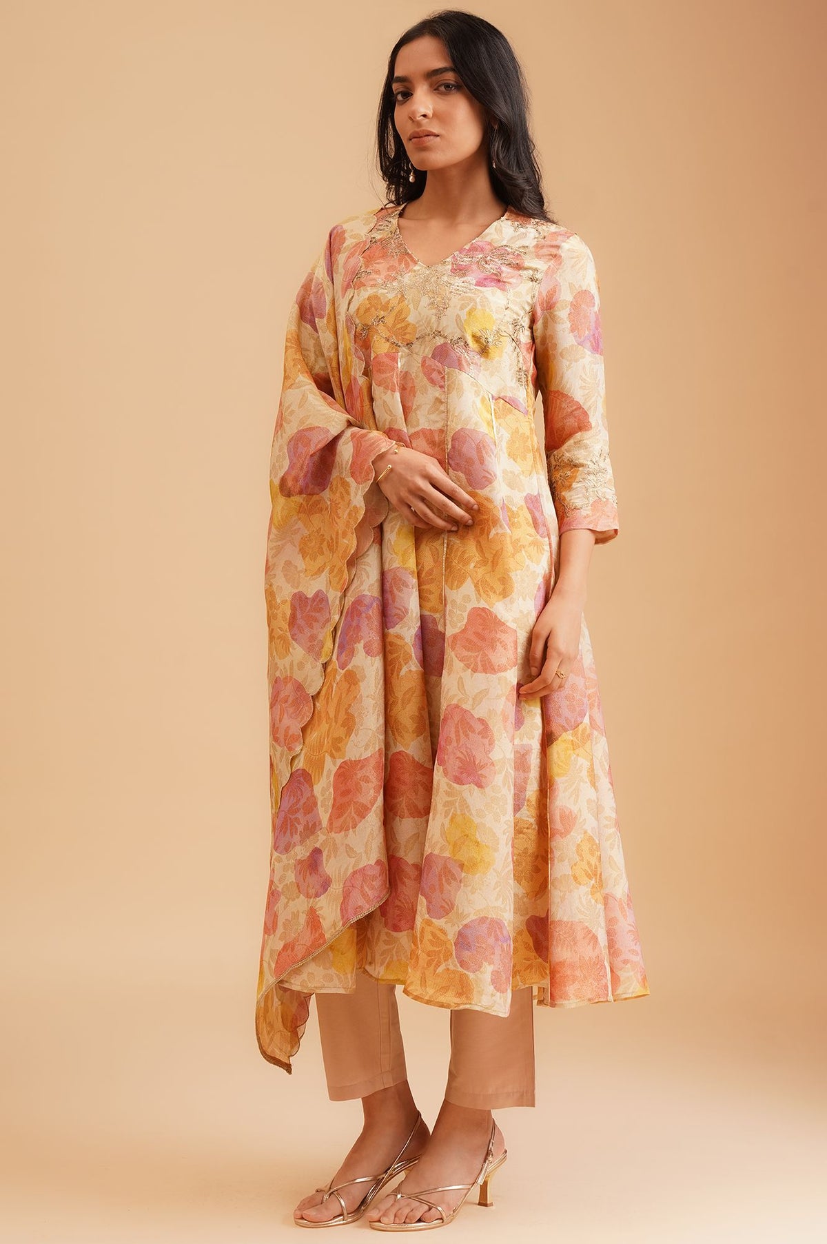 Beige Floral Printed Sequins Tissue Crepe Flared Anarkali with Straight Pants and Dupatta Set