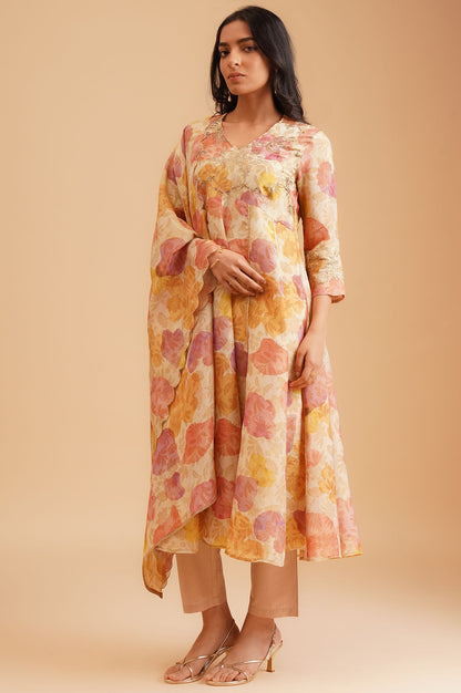 Beige Floral Printed Sequins Tissue Crepe Flared Anarkali with Straight Pants and Dupatta Set