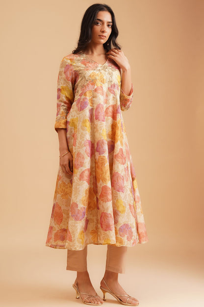 Beige Floral Printed Sequins Tissue Crepe Flared Anarkali with Straight Pants and Dupatta Set