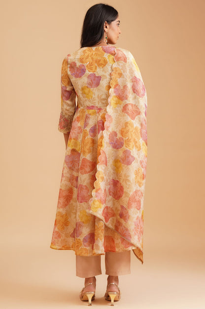 Beige Floral Printed Sequins Tissue Crepe Flared Anarkali with Straight Pants and Dupatta Set