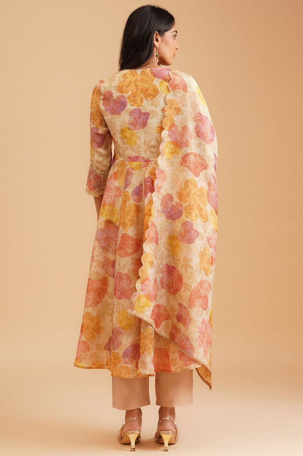 Beige Floral Printed Sequins Tissue Crepe Flared Anarkali with Straight Pants and Dupatta Set