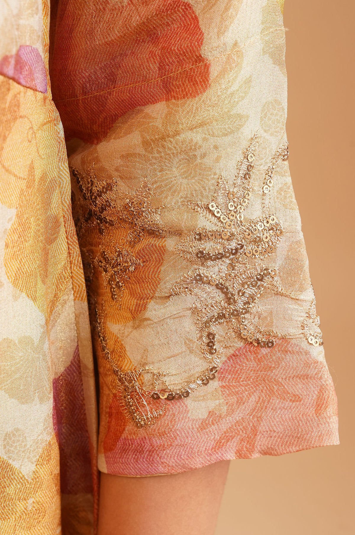 Beige Floral Printed Sequins Tissue Crepe Flared Anarkali with Straight Pants and Dupatta Set