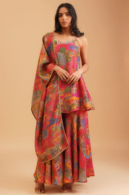 Pink Sequins Conversational Printed Tissue Crape Sleeveless Kurta with Flared Pants and Dupatta Set