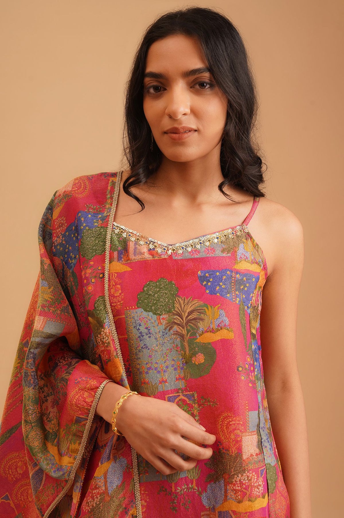 Pink Sequins Conversational Printed Tissue Crape Sleeveless Kurta with Flared Pants and Dupatta Set