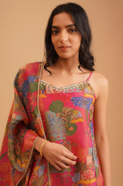 Pink Sequins Conversational Printed Tissue Crape Sleeveless Kurta with Flared Pants and Dupatta Set