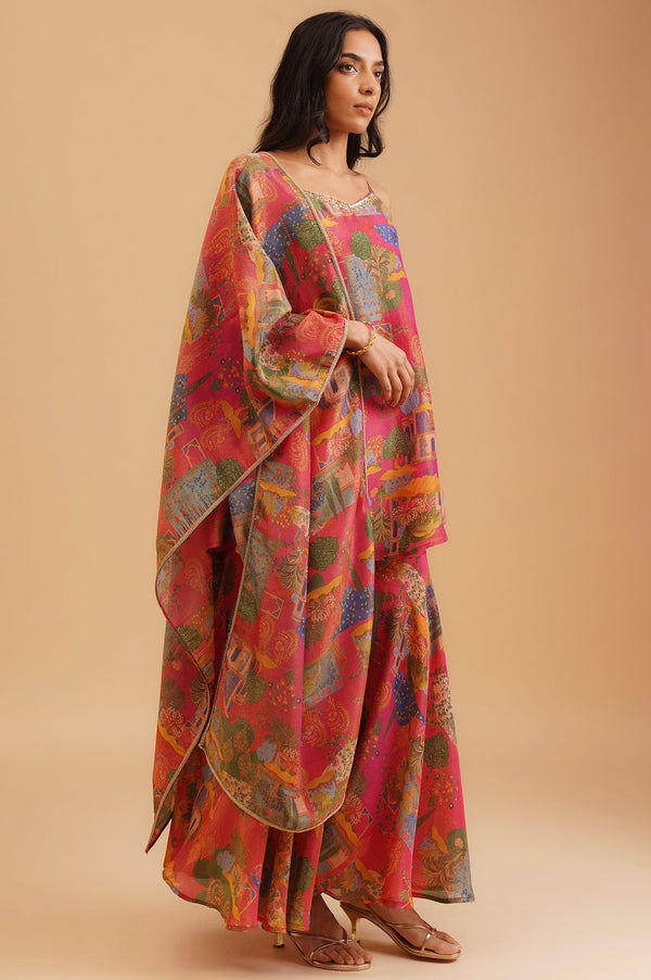 Pink Sequins Conversational Printed Tissue Crape Sleeveless Kurta with Flared Pants and Dupatta Set