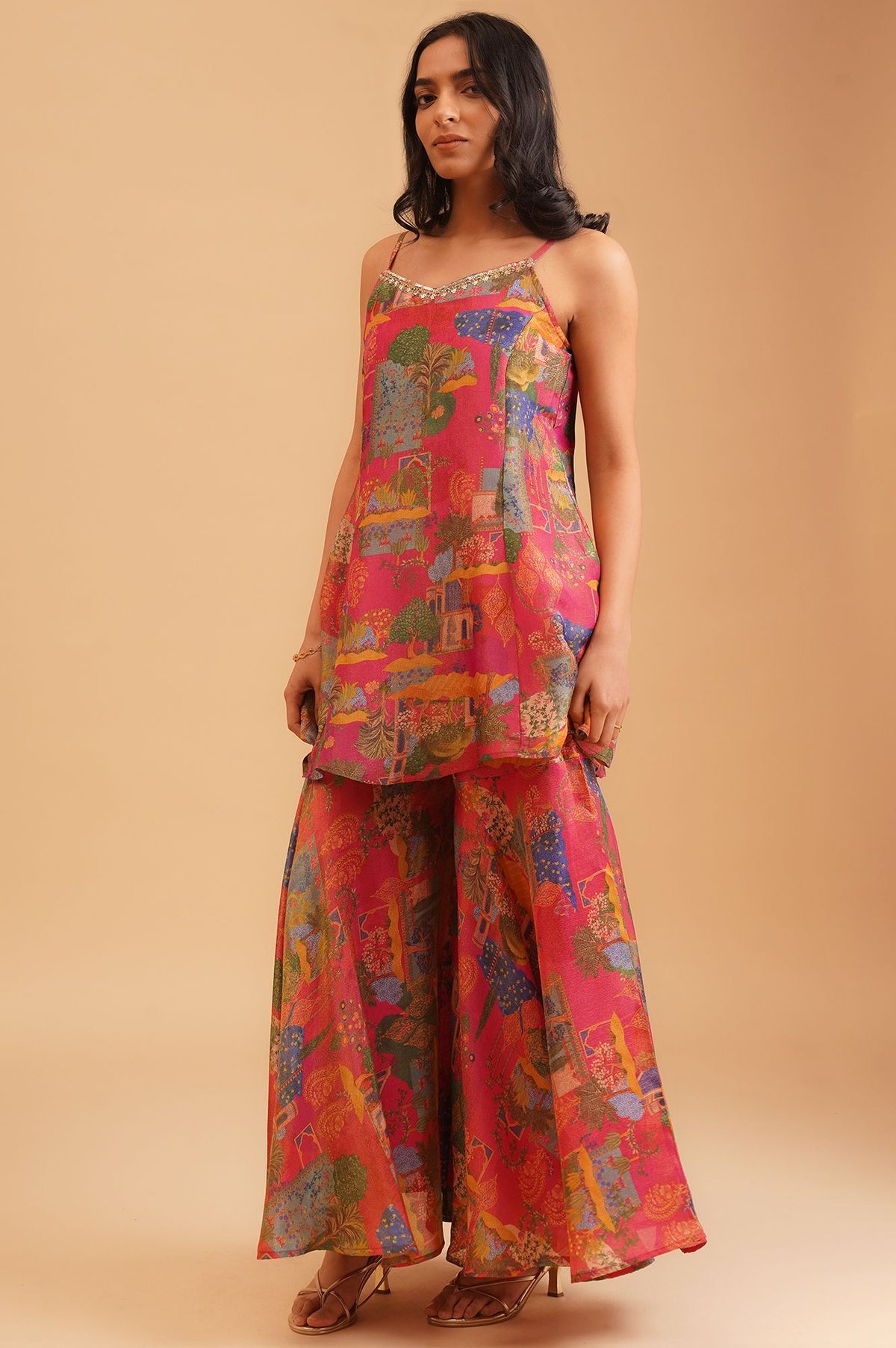 Pink Sequins Conversational Printed Tissue Crape Sleeveless Kurta with Flared Pants and Dupatta Set