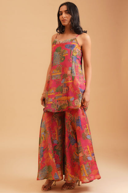 Pink Sequins Conversational Printed Tissue Crape Sleeveless Kurta with Flared Pants and Dupatta Set
