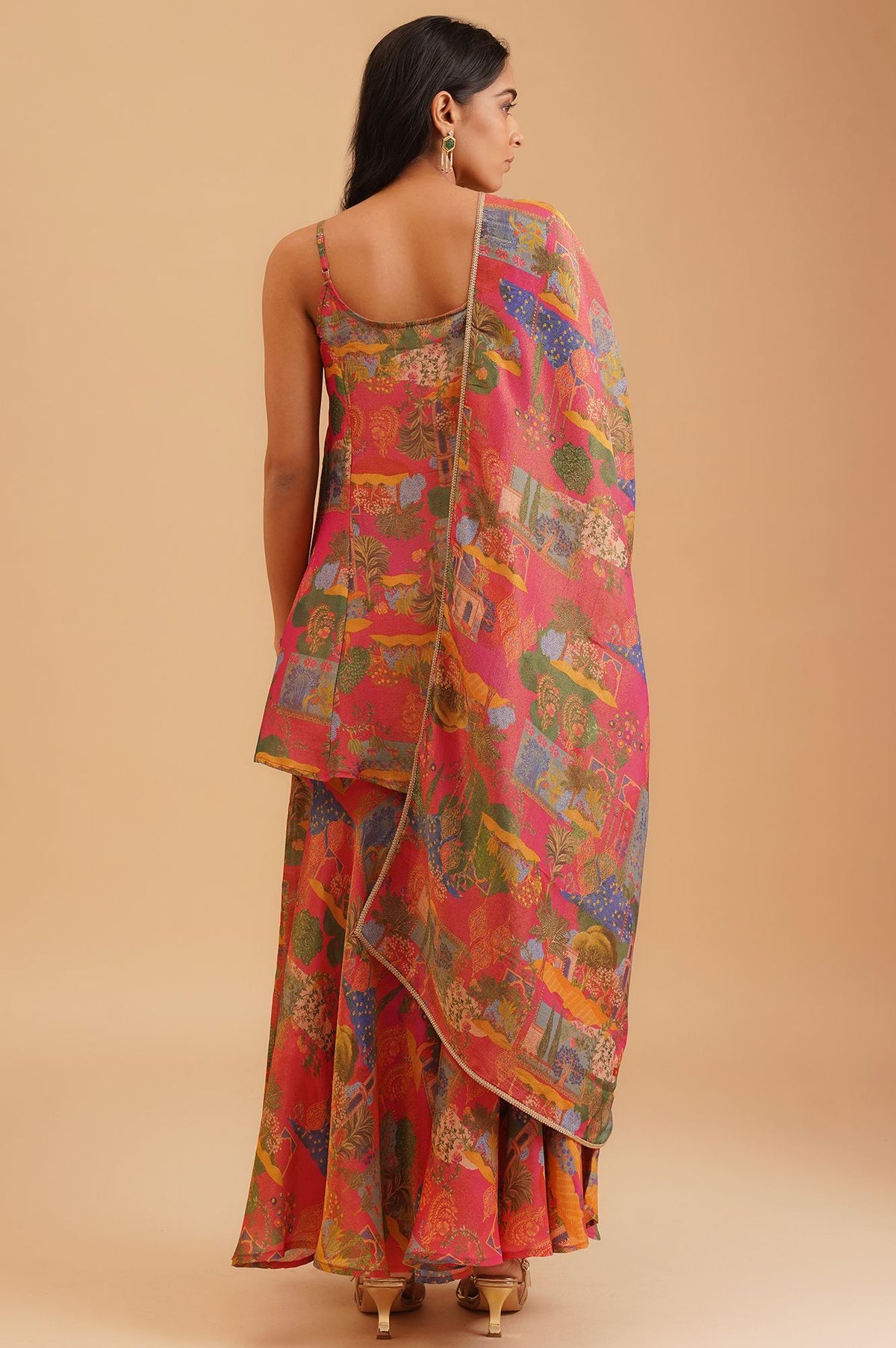Pink Sequins Conversational Printed Tissue Crape Sleeveless Kurta with Flared Pants and Dupatta Set