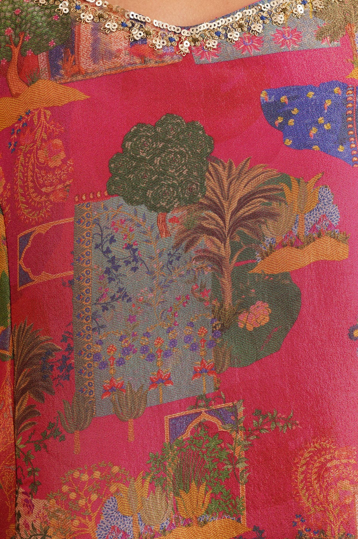 Pink Sequins Conversational Printed Tissue Crape Sleeveless Kurta with Flared Pants and Dupatta Set