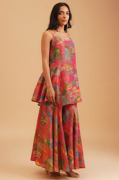 Pink Sequins Conversational Printed Tissue Crape Sleeveless Kurta with Flared Pants and Dupatta Set