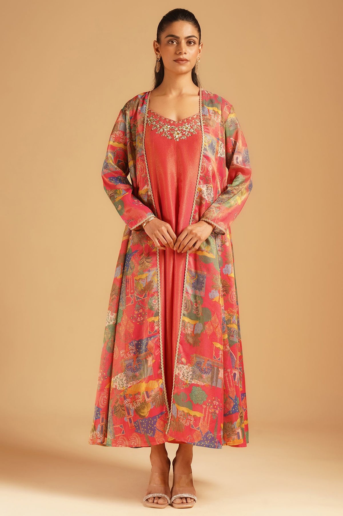 Pink Solid Tissue Crape A-Line Gillet &amp; Dress
