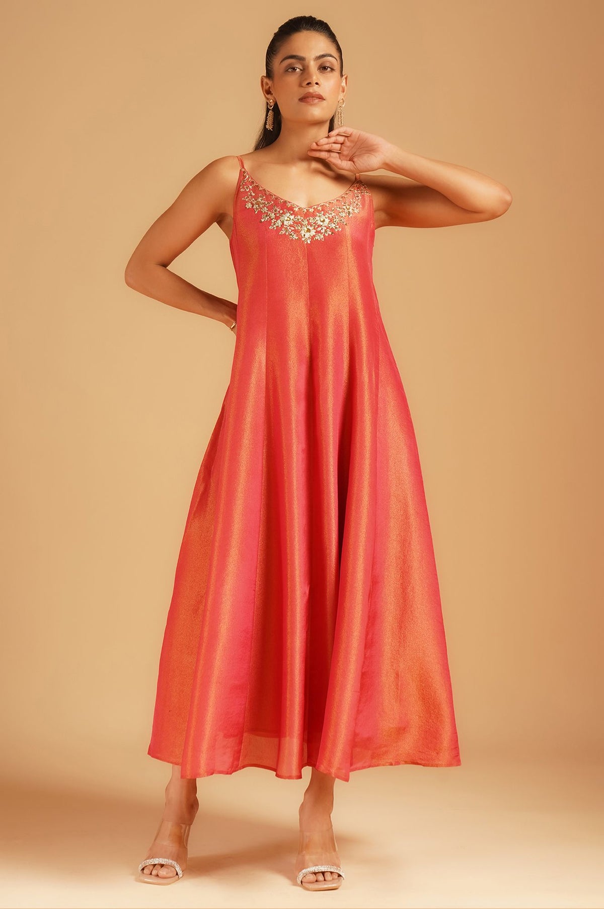 Pink Solid Tissue Crape A-Line Gillet &amp; Dress