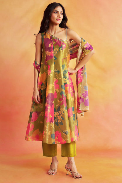 Green Floral Printed Tissue Crepe Sleeveless Flared Kurta with Pants and Dupatta Set