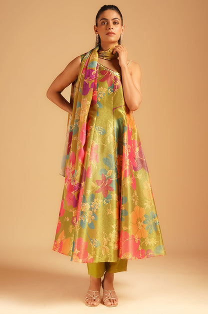 Green Floral Printed Tissue Crepe Sleeveless Flared Kurta with Pants and Dupatta Set