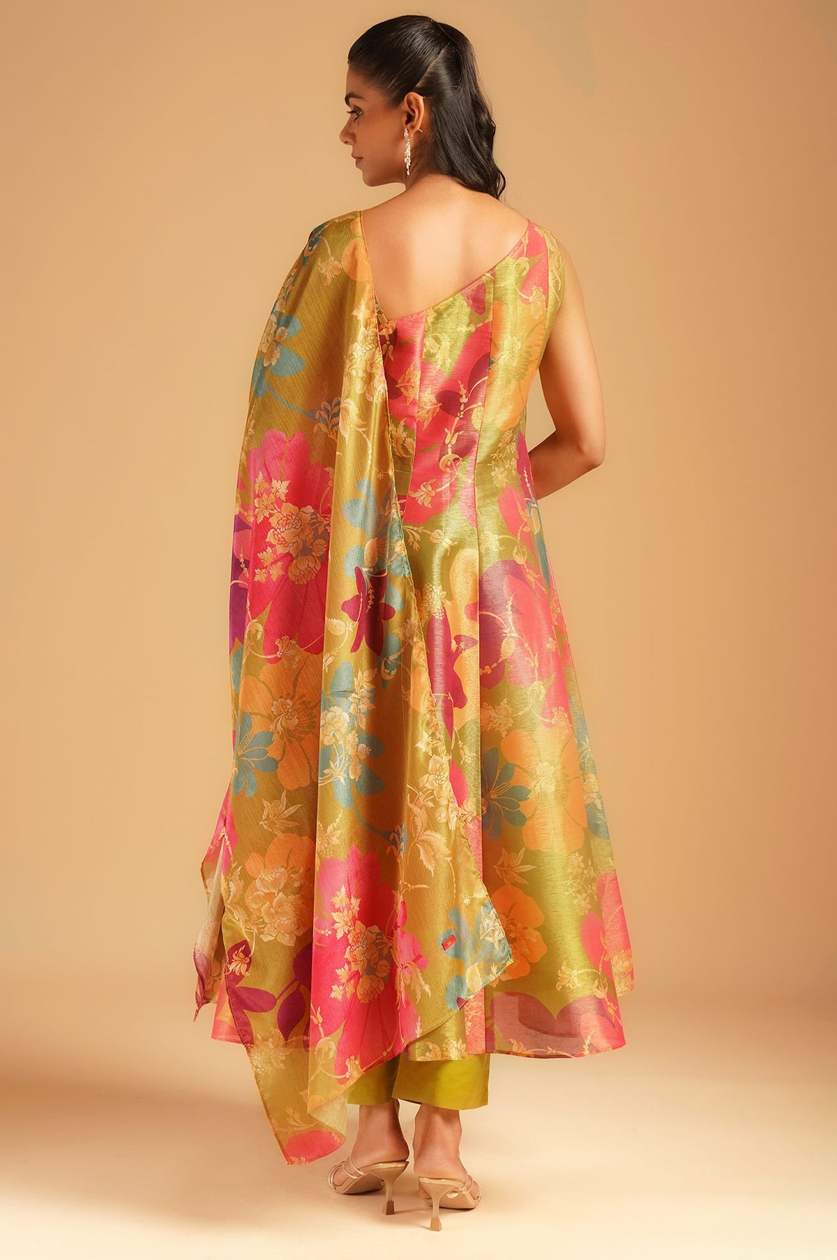 Green Floral Printed Tissue Crepe Sleeveless Flared Kurta with Pants and Dupatta Set