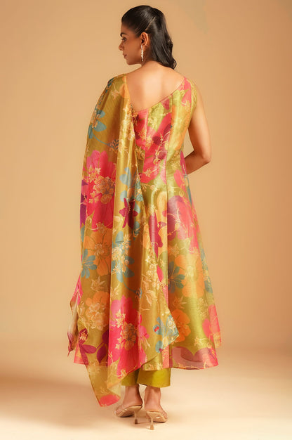 Green Floral Printed Tissue Crepe Sleeveless Flared Kurta with Pants and Dupatta Set