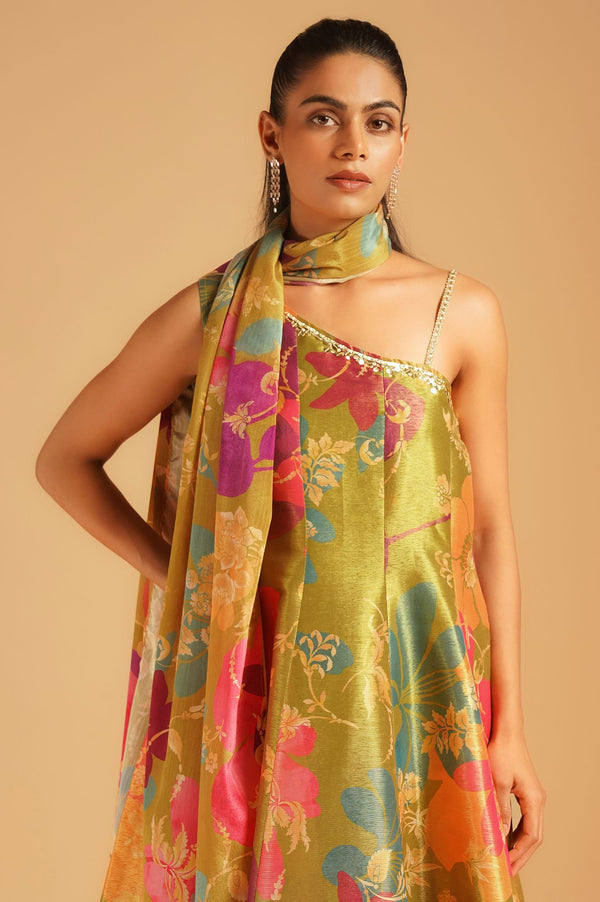 Green Floral Printed Tissue Crepe Sleeveless Flared Kurta with Pants and Dupatta Set