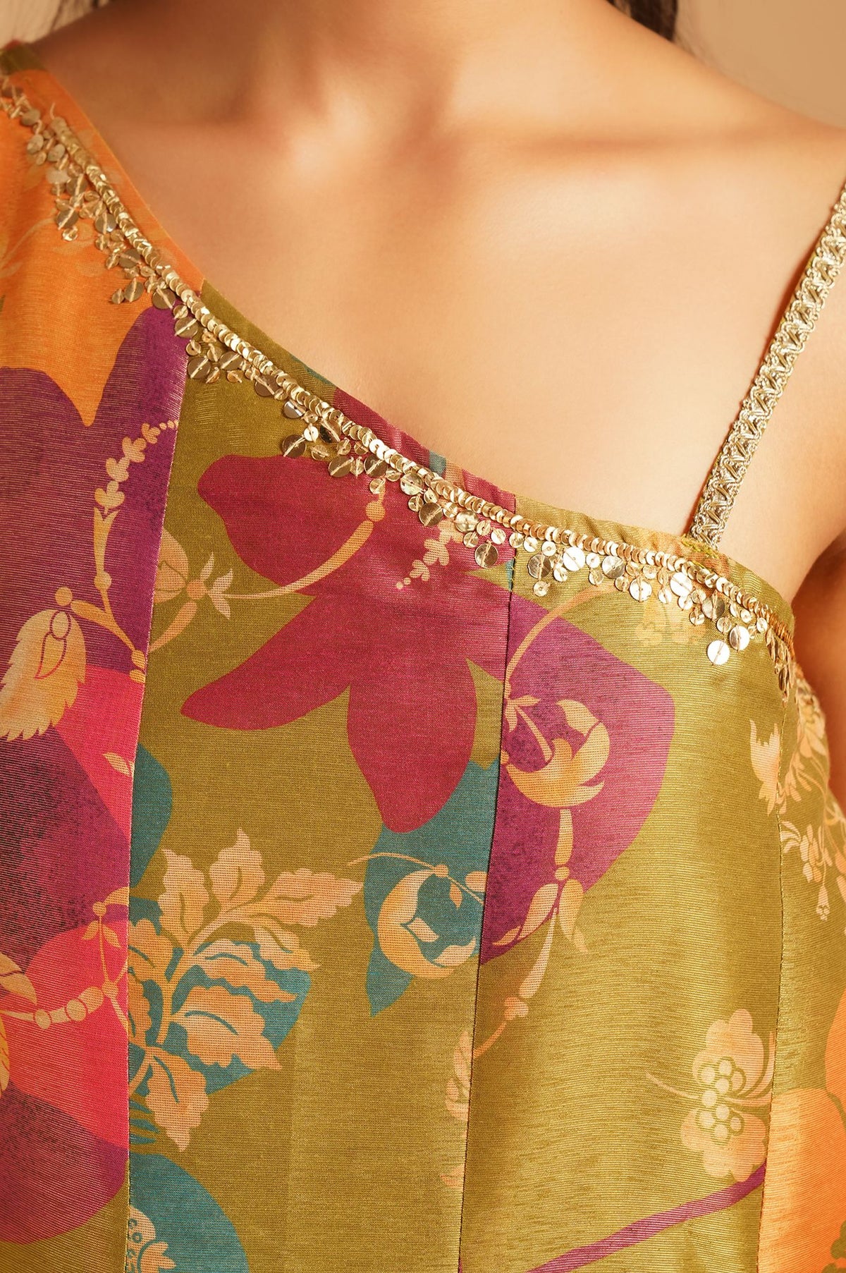 Green Floral Printed Tissue Crepe Sleeveless Flared Kurta with Pants and Dupatta Set
