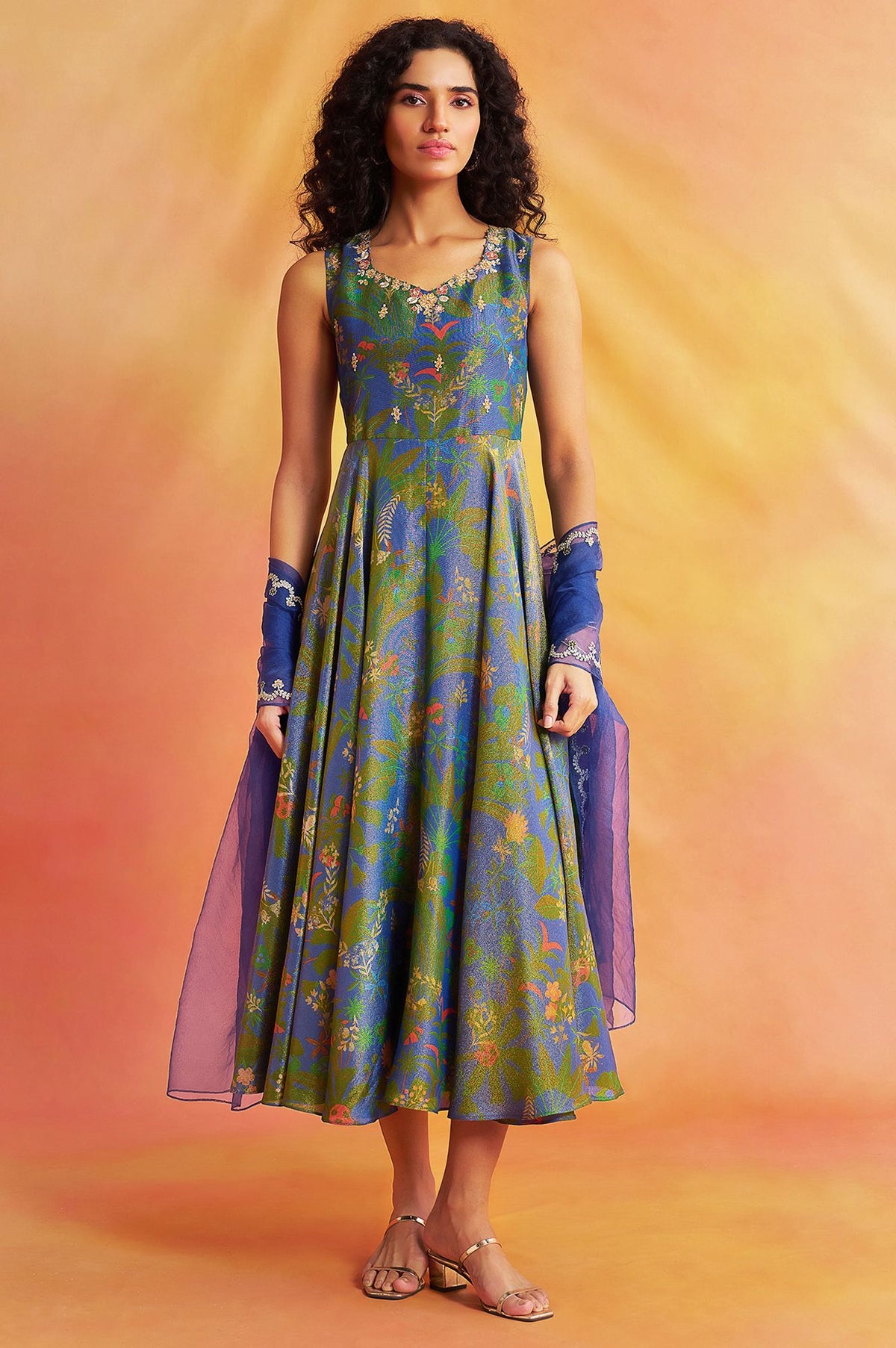 Blue Sequins Floral Printed Tissue Crepe Sleeveless Flared Anarkali with Dupatta Set