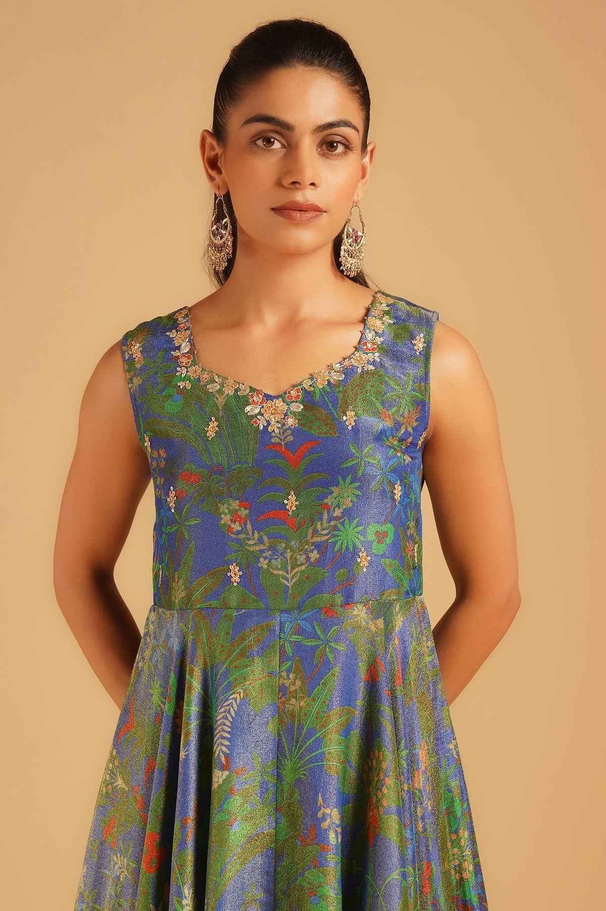 Blue Sequins Floral Printed Tissue Crepe Sleeveless Flared Anarkali with Dupatta Set