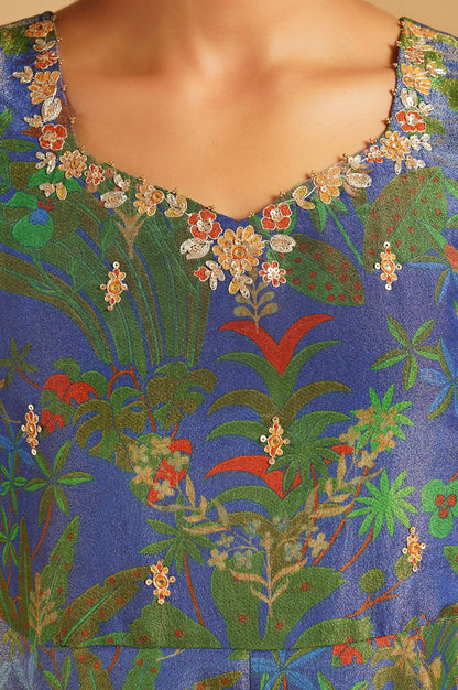 Blue Sequins Floral Printed Tissue Crepe Sleeveless Flared Anarkali with Dupatta Set